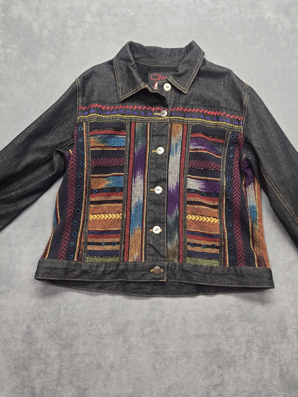 Chico’s Anniversary Collection Denim Jacket Sz 1 Southwestern Embroidered Y2K